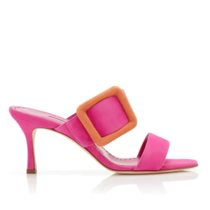 GABLE BRIGHT PINK AND ORANGE SUEDE BUCKLE STRAPPY MULES