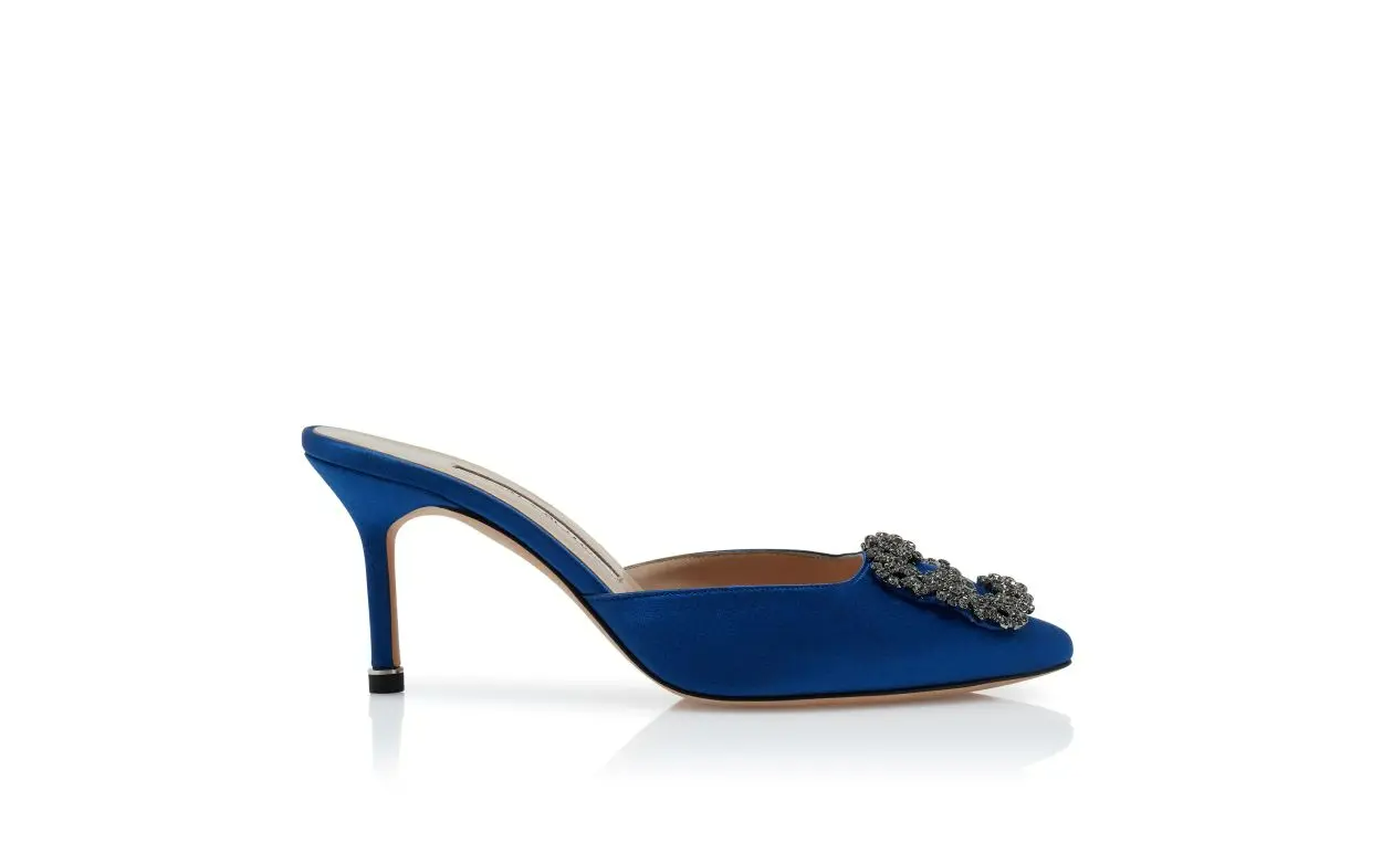 HANGISIMU BLUE SATIN JEWEL BUCKLE MULES 