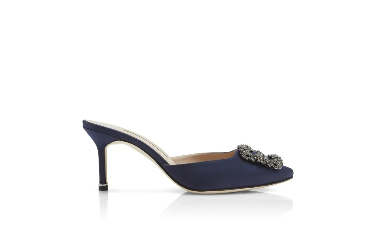HANGISIMU NAVY BLUE SATIN JEWEL BUCKLE MULES