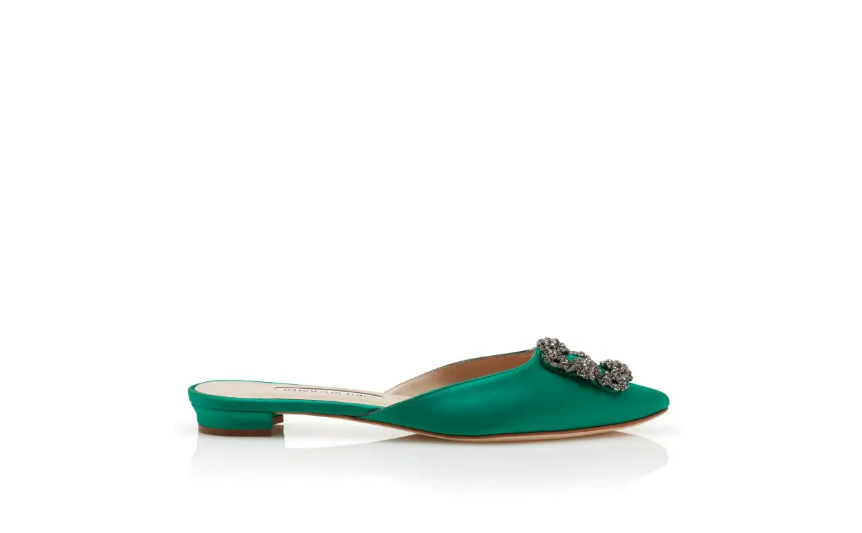 HANGISIMUFLAT GREEN SATIN JEWEL BUCKLE FLAT MULES