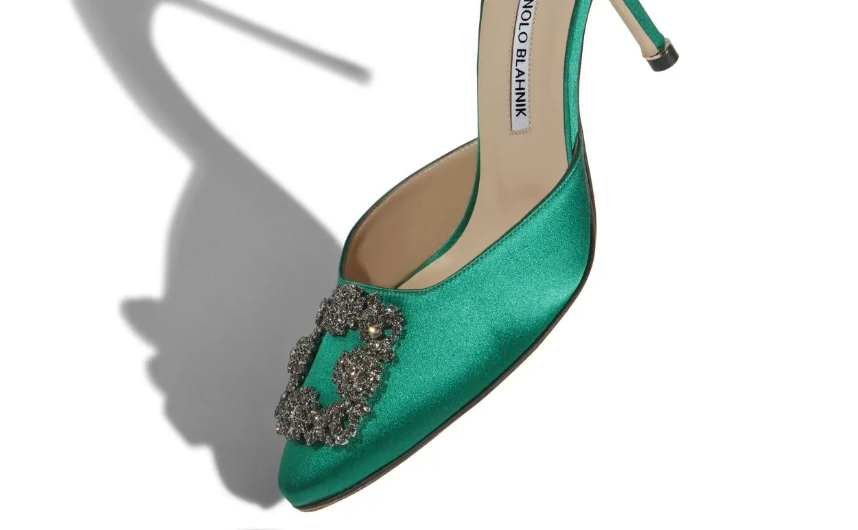 HANGISIMU GREEN SATIN JEWEL BUCKLE MULES 