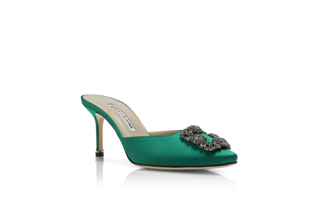 HANGISIMU GREEN SATIN JEWEL BUCKLE MULES 