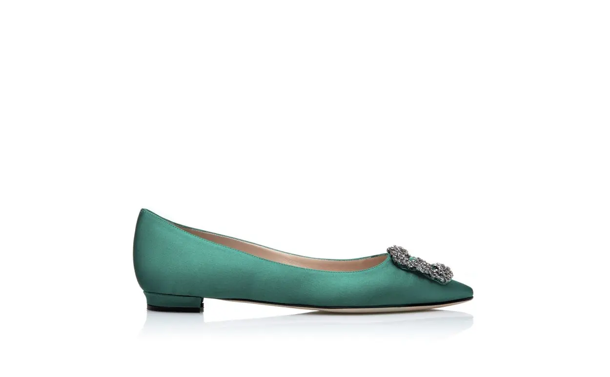 HANGISIFLAT Green Satin Jewel Buckle Flat Shoes
