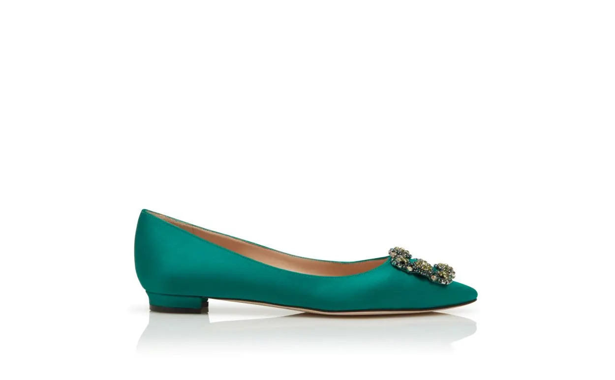 HANGISIFLAT BIS Green Satin Jewel Buckled Flats