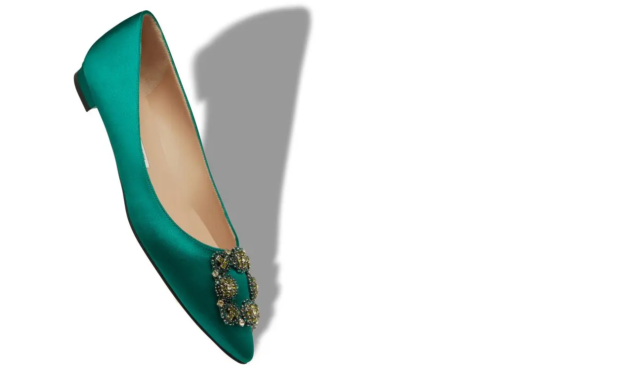 HANGISIFLAT BIS Green Satin Jewel Buckled Flats