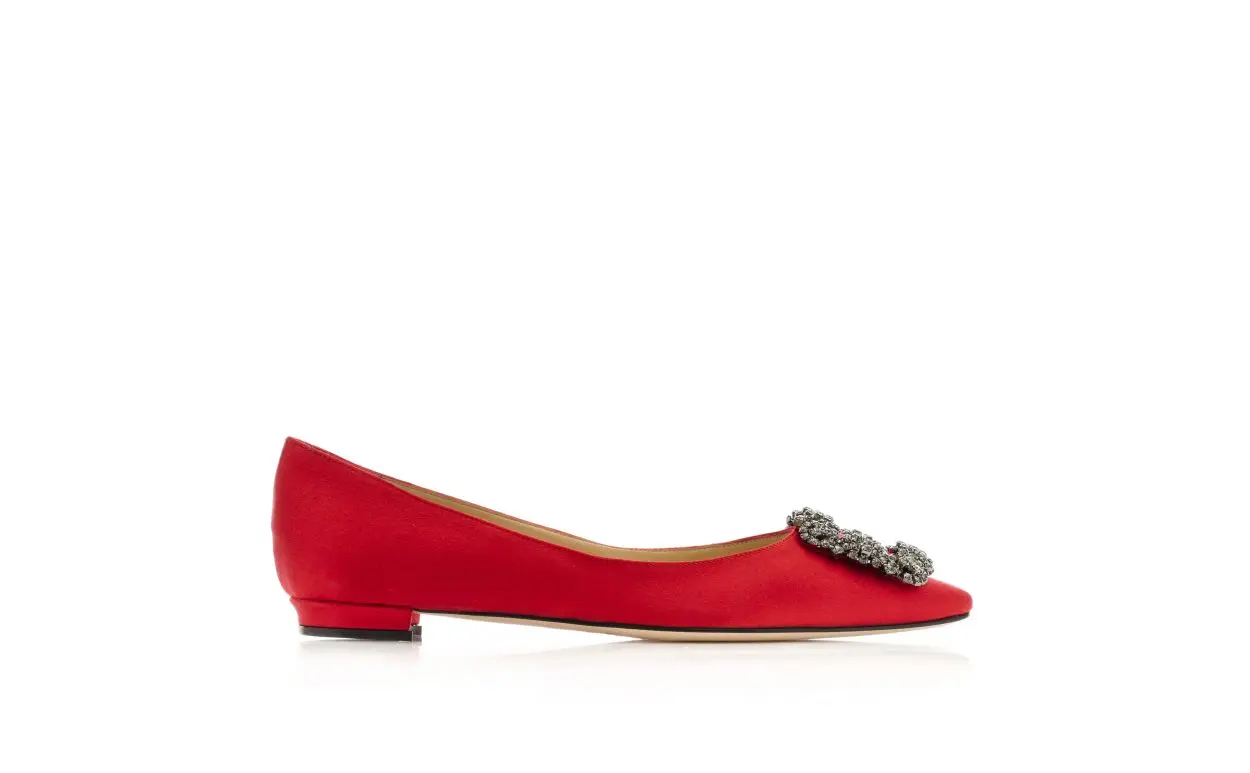HANGISIFLAT Red Satin Jewel Buckle Flat Shoes