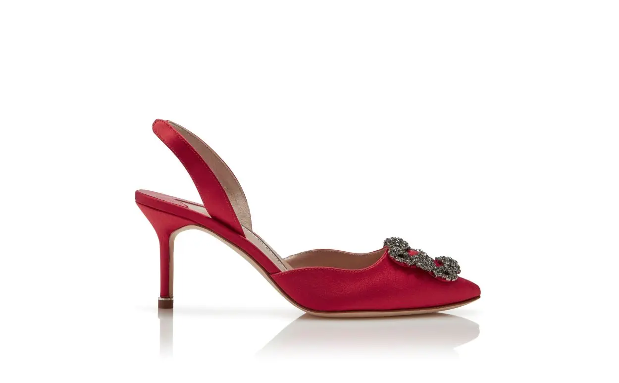 HANGISLI Red Satin Jewel Buckle Slingback Pumps