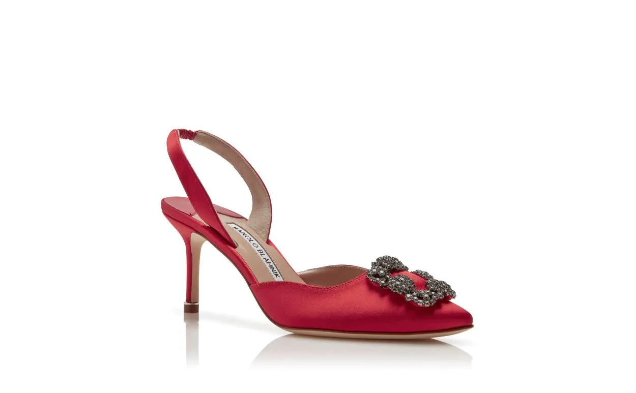 HANGISLI Red Satin Jewel Buckle Slingback Pumps