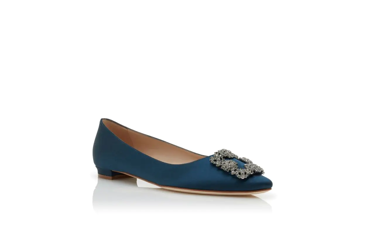 HANGISIFLAT Deep Teal Satin Jewel Buckle Flat Shoes