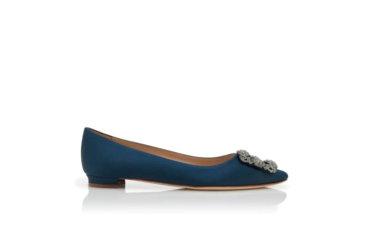 HANGISIFLAT Deep Teal Satin Jewel Buckle Flat Shoes