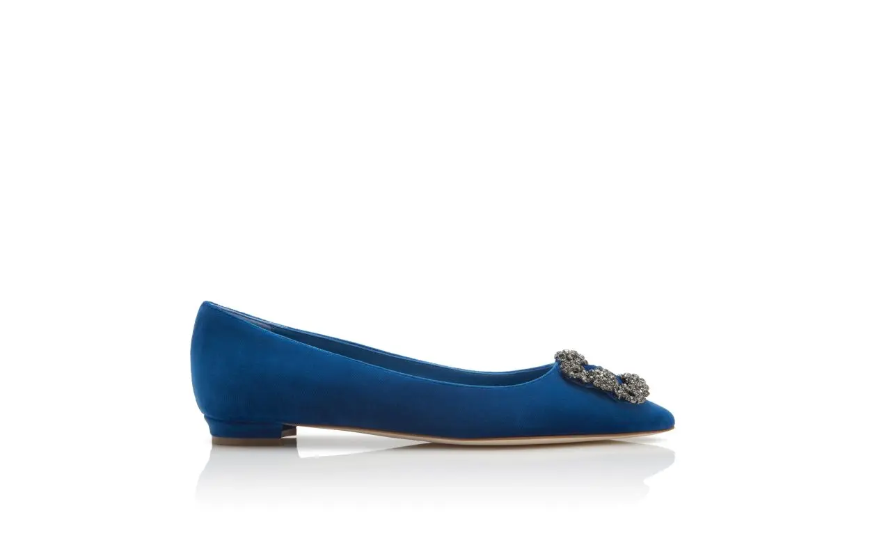 HANGISIFLAT VELVET Bright Blue Jewel Buckle Flat Shoes