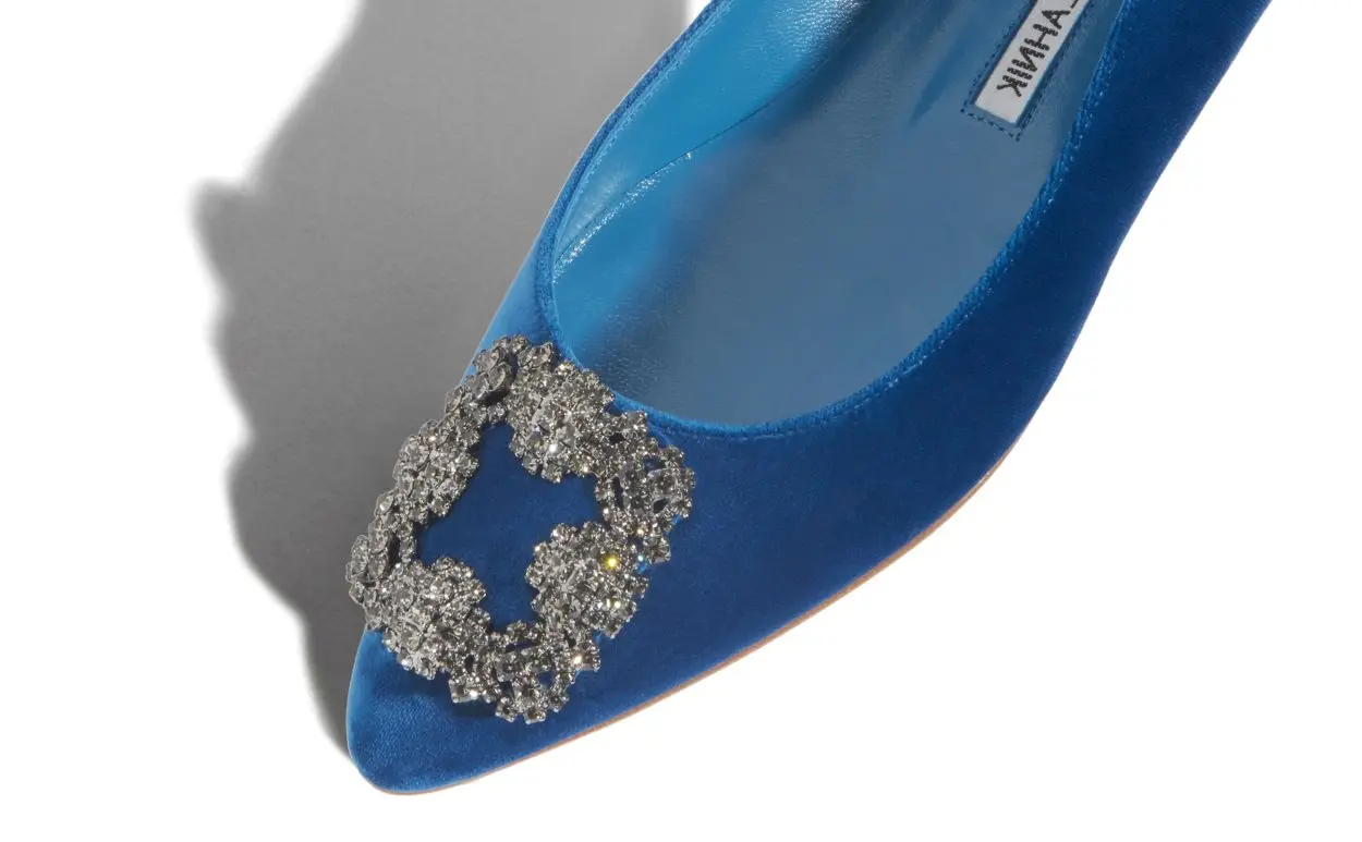 HANGISIFLAT VELVET Bright Blue Jewel Buckle Flat Shoes