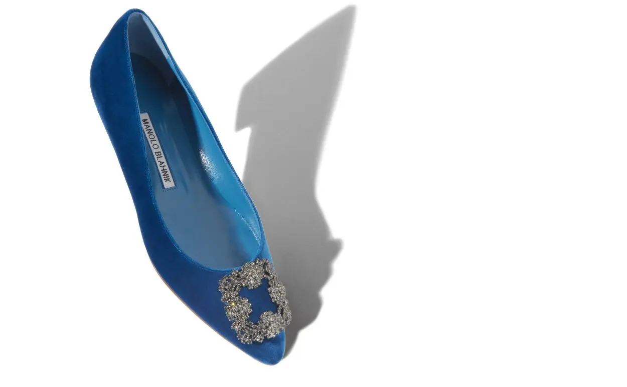 HANGISIFLAT VELVET Bright Blue Jewel Buckle Flat Shoes