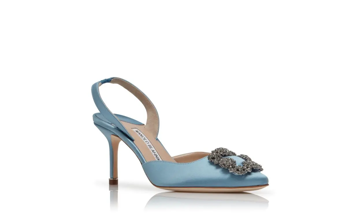 HANGISLI Light Blue Satin Jewel Buckle Slingback Pumps