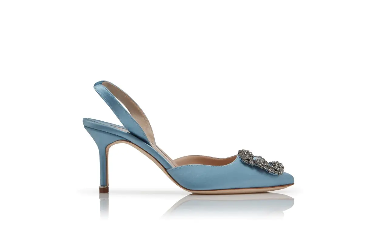 HANGISLI Light Blue Satin Jewel Buckle Slingback Pumps