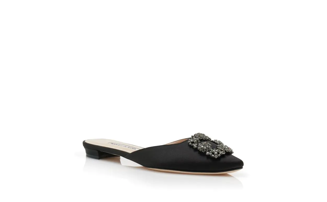 HANGISIMUFLAT Black Satin Jewel Buckle Flat Mules