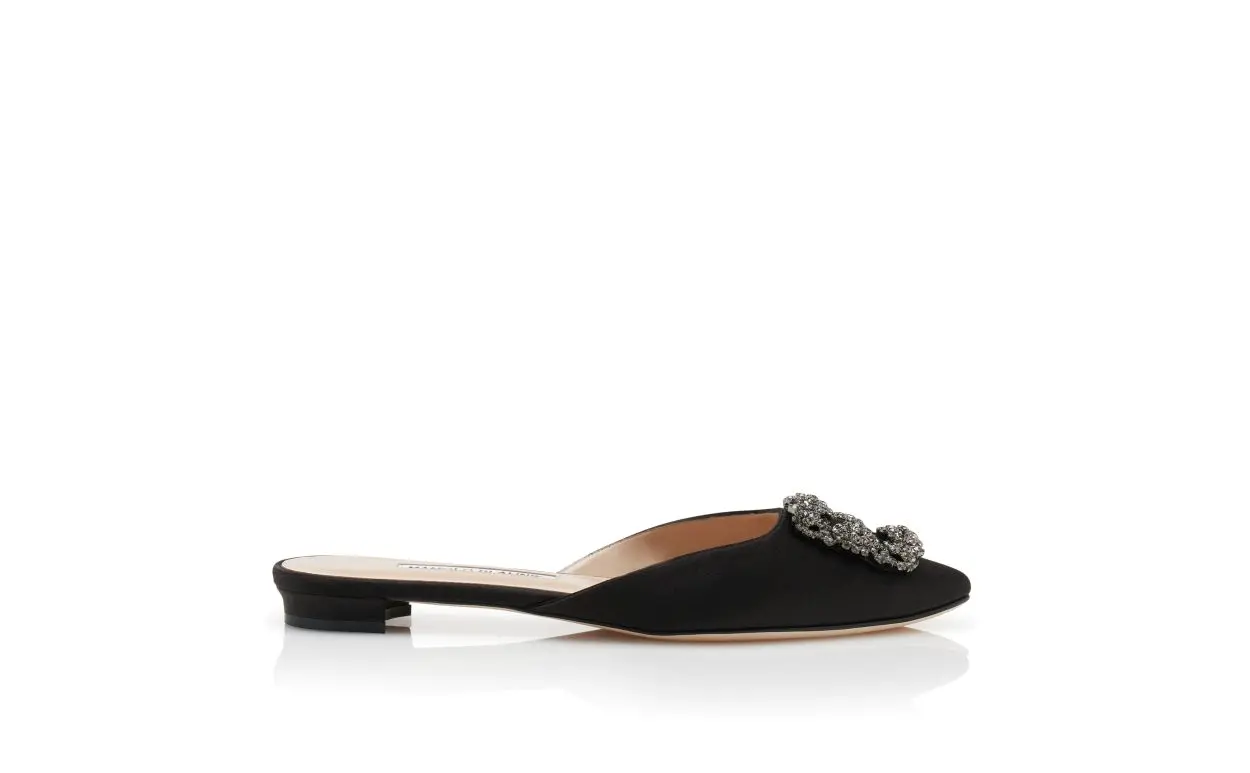 HANGISIMUFLAT Black Satin Jewel Buckle Flat Mules