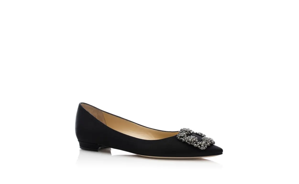 HANGISIFLAT Black Satin Jewel Buckle Flat Shoes