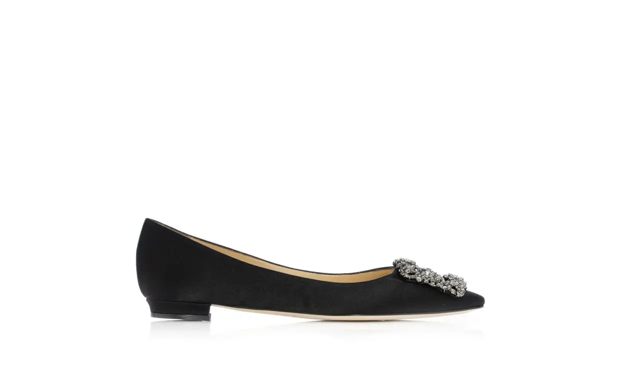 HANGISIFLAT Black Satin Jewel Buckle Flat Shoes