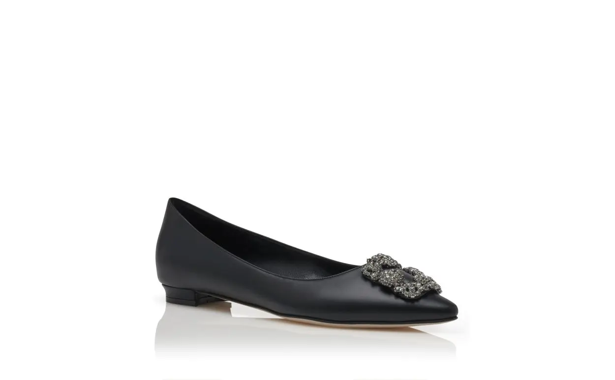 HANGISIFLAT Black Calf Leather Jewel Buckle Flat Shoes