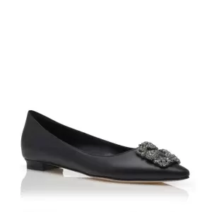 HANGISIFLAT Black Calf Leather Jewel Buckle Flat Shoes