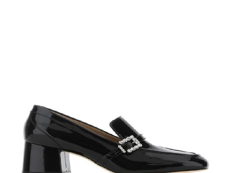 Black Leather Crystal Embellished Loafer Heels