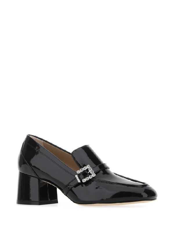 Black Leather Crystal Embellished Loafer Heels
