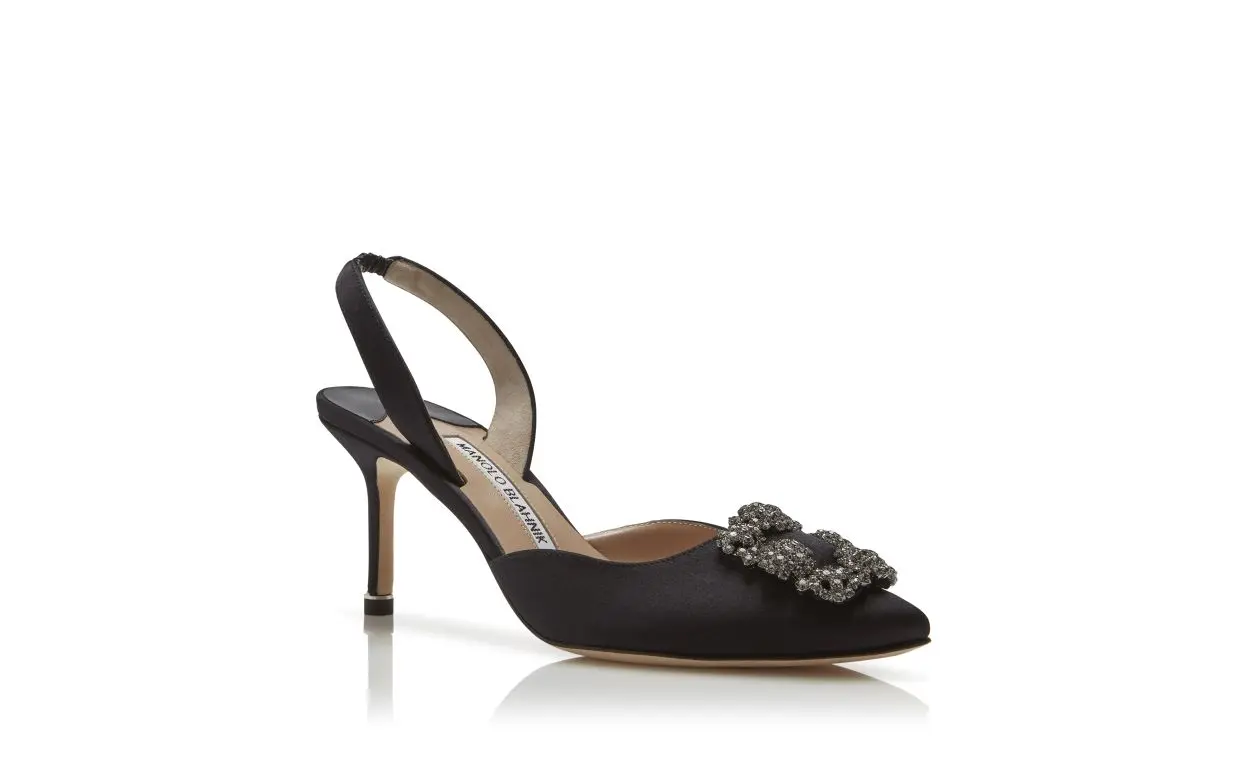 HANGISLI Black Satin Jewel Buckle Slingback Pumps