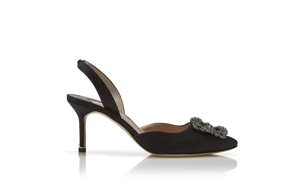 HANGISLI Black Satin Jewel Buckle Slingback Pumps