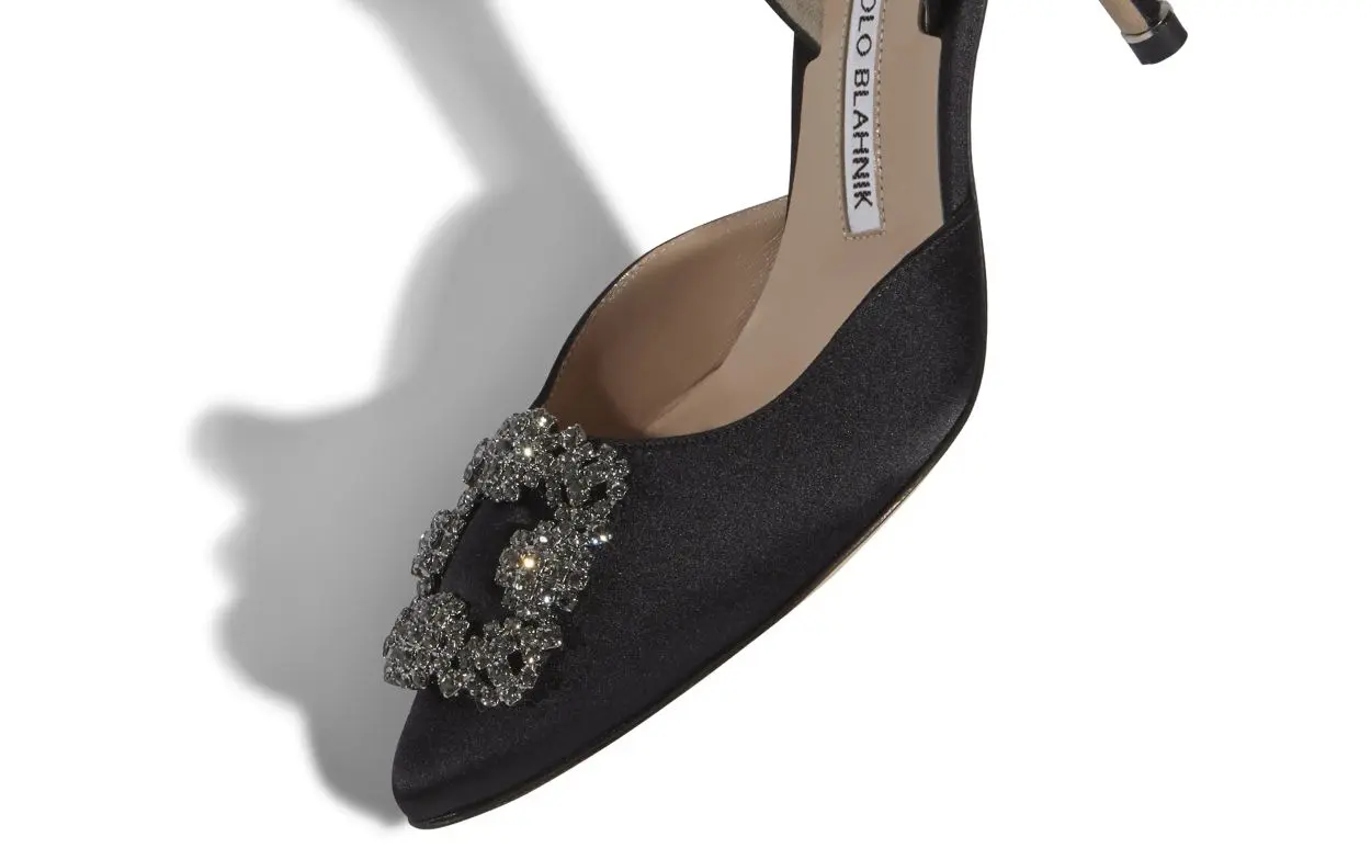 HANGISLI Black Satin Jewel Buckle Slingback Pumps