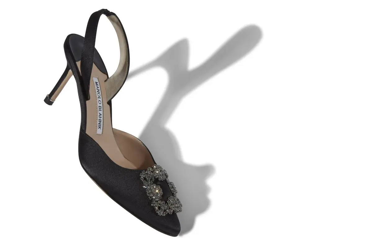 HANGISLI Black Satin Jewel Buckle Slingback Pumps