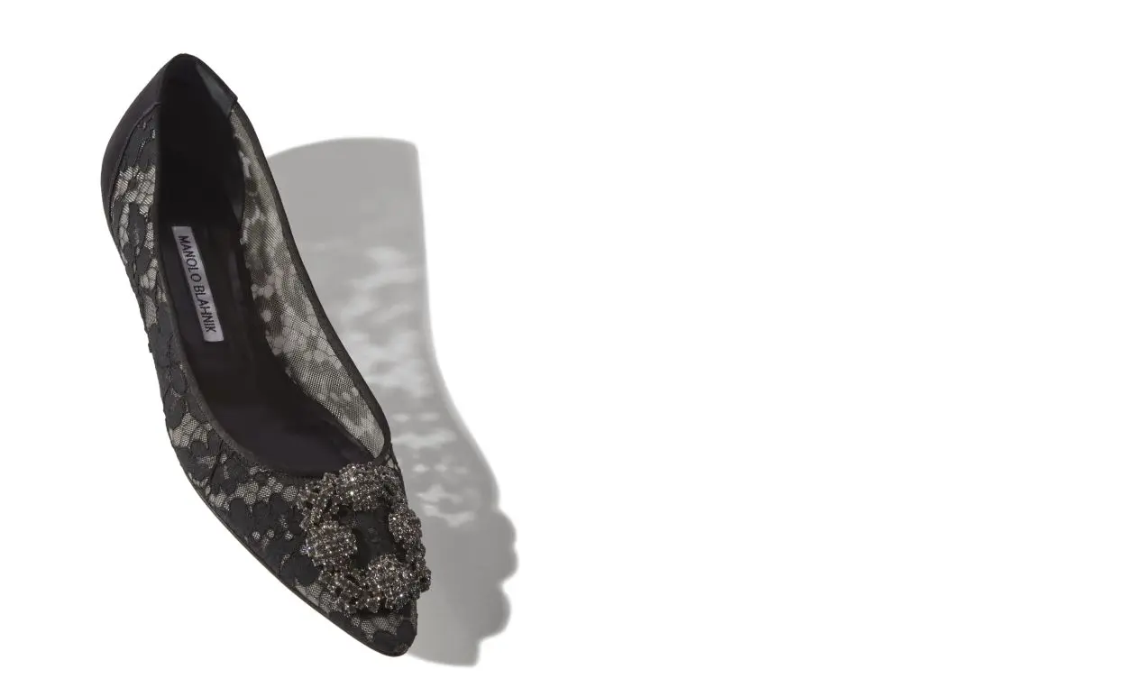 HANGISIFLAT LACE Black Lace Jewel Buckle Flat Shoes