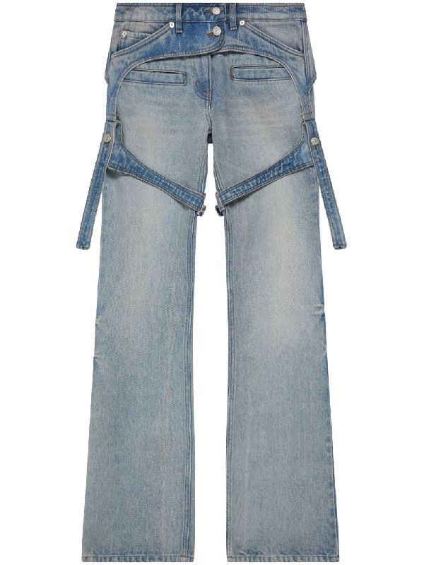 Suspender-embellished washed denim