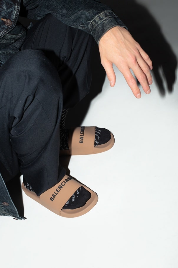 BALENCIAGA BROWN ‘POOL’ SLIDES WITH LOGO