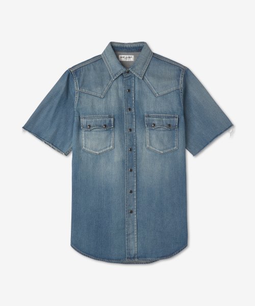 Men's Distress Denim Shirt - Washed Blue 