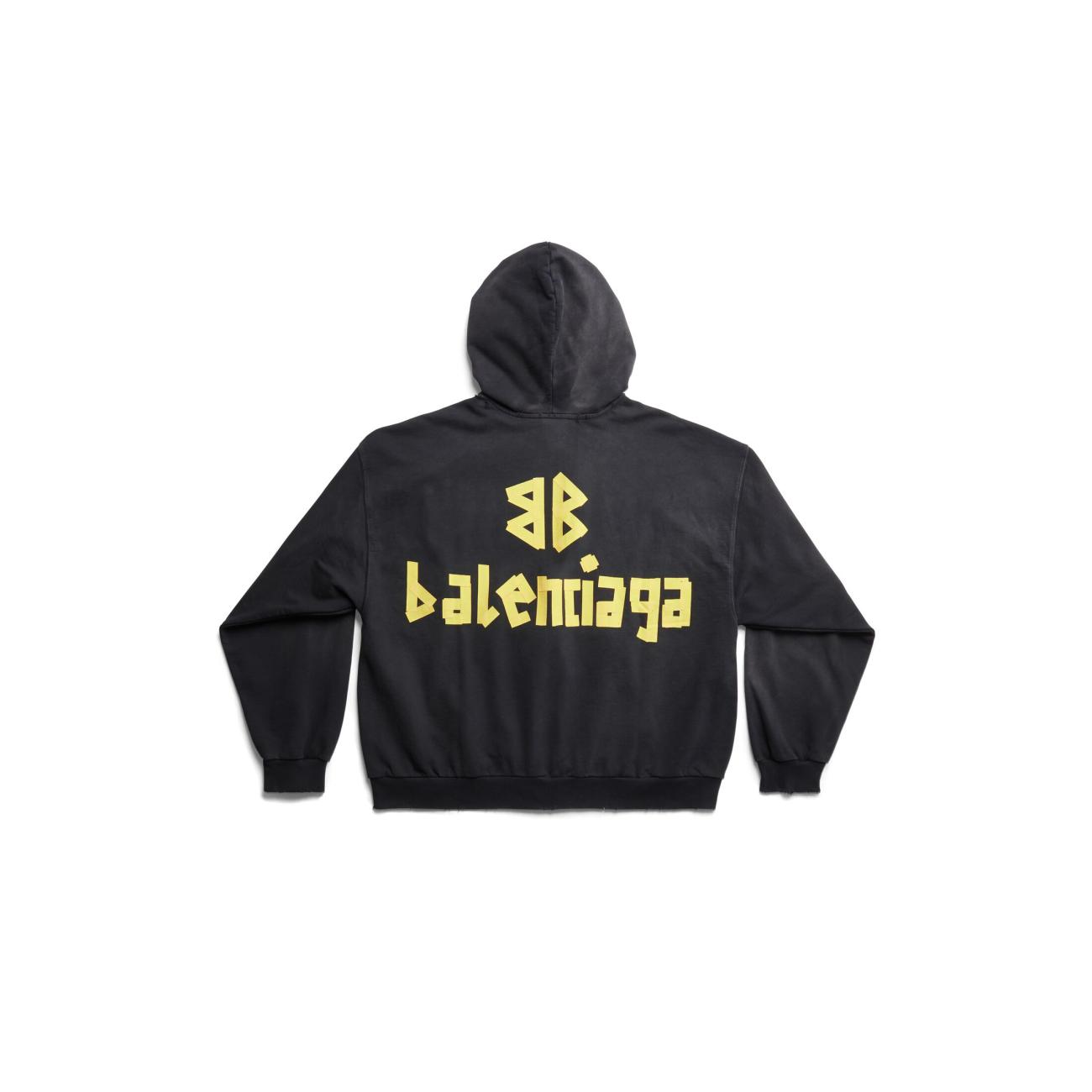 TAPE TYPE RIPPED POCKET ZIP-UP HOODIE LARGE FIT IN BLACK FADED