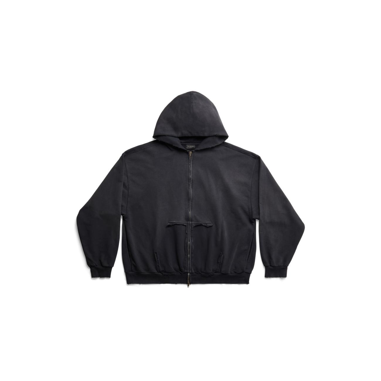 TAPE TYPE RIPPED POCKET ZIP-UP HOODIE LARGE FIT IN BLACK FADED