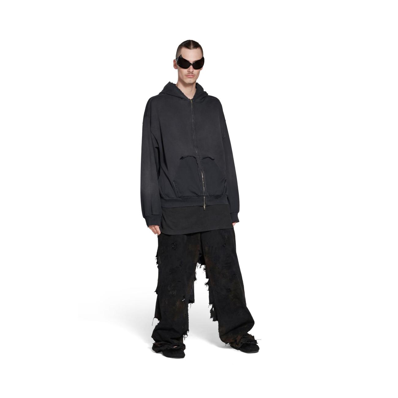TAPE TYPE RIPPED POCKET ZIP-UP HOODIE LARGE FIT IN BLACK FADED