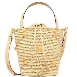 Roman studded raffia bucket bag