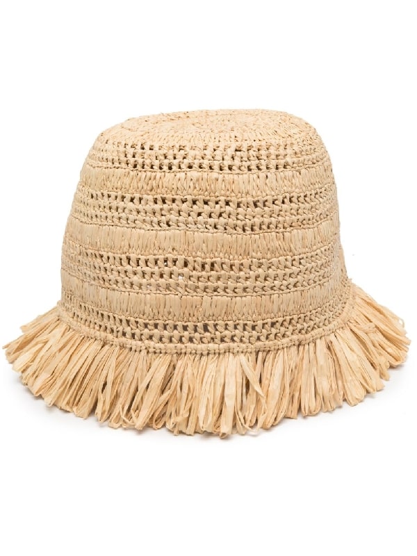 Logo patch raffia fringe crochet hat