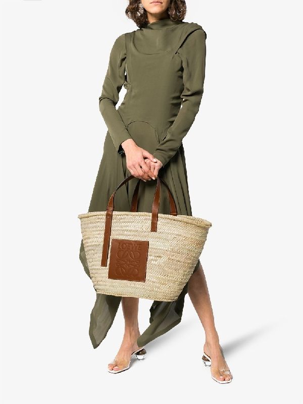 LOEWE Logo-embossed large palm leaf and leather basket bag