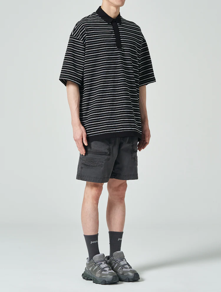 Cotton Stripe Short Sleeve Collar T-Shirt - Gray