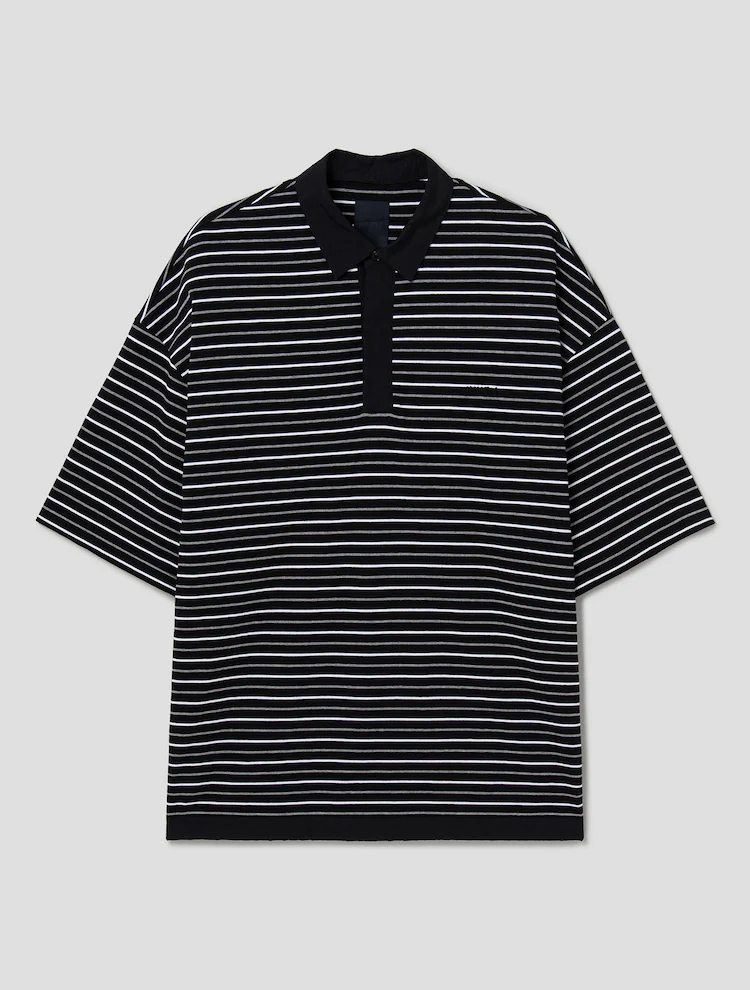 Cotton Stripe Short Sleeve Collar T-Shirt - Gray