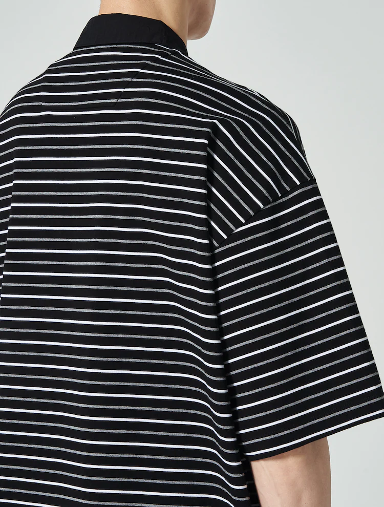 Cotton Stripe Short Sleeve Collar T-Shirt - Gray