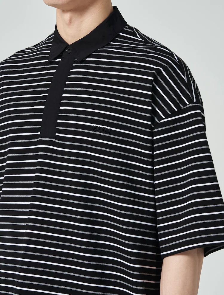 Cotton Stripe Short Sleeve Collar T-Shirt - Gray