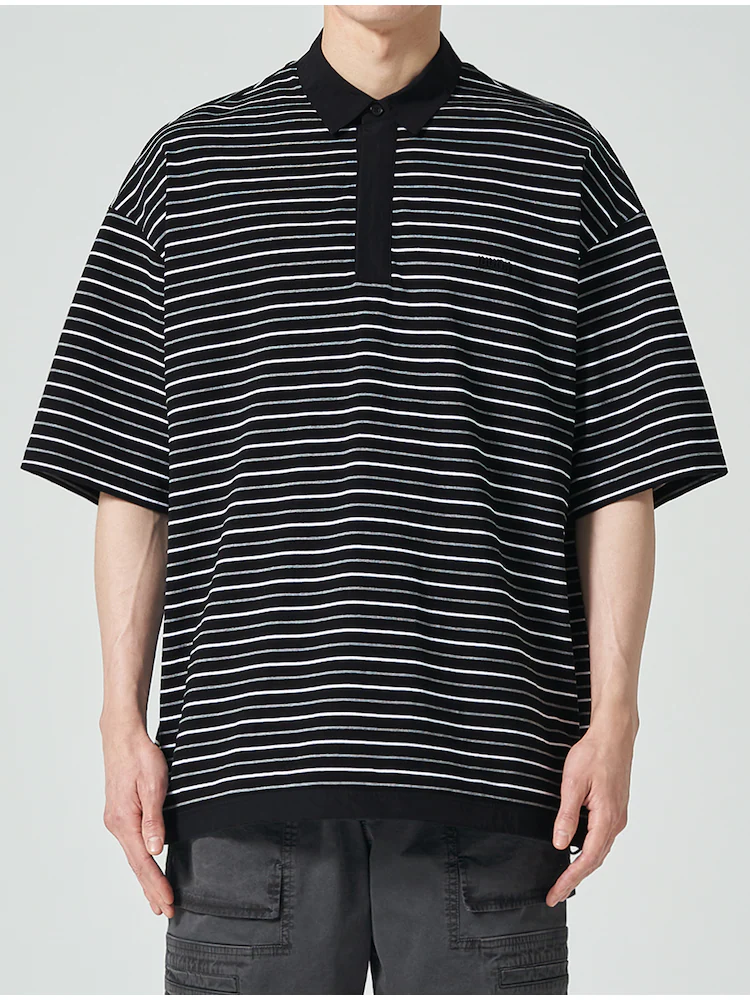 Cotton Stripe Short Sleeve Collar T-Shirt - Gray