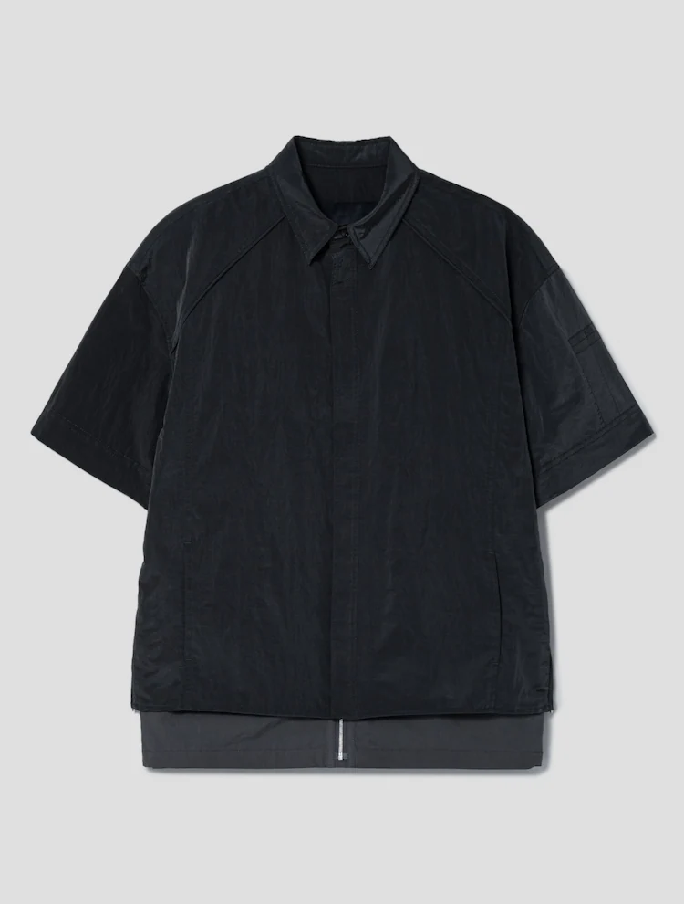 Layered Short Sleeve Zip Up Shirt - Gray