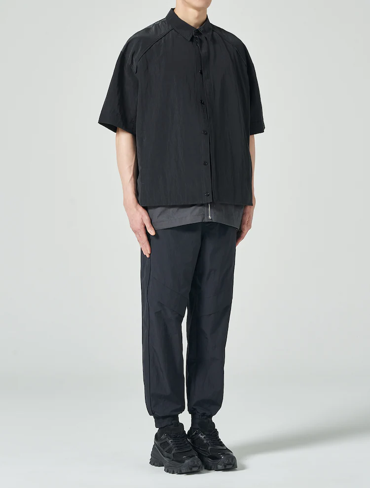 Layered Short Sleeve Zip Up Shirt - Gray