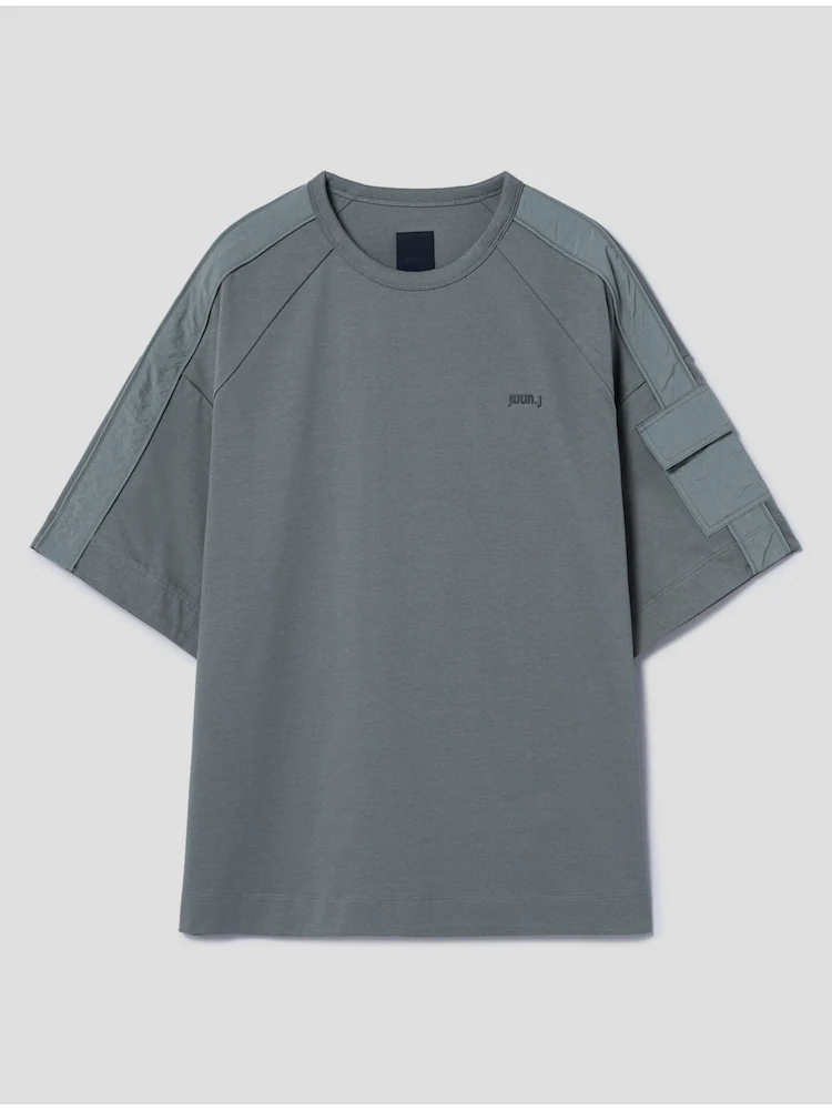 Nylon Pocket Detail Cotton Short Sleeve T-Shirt - Khaki