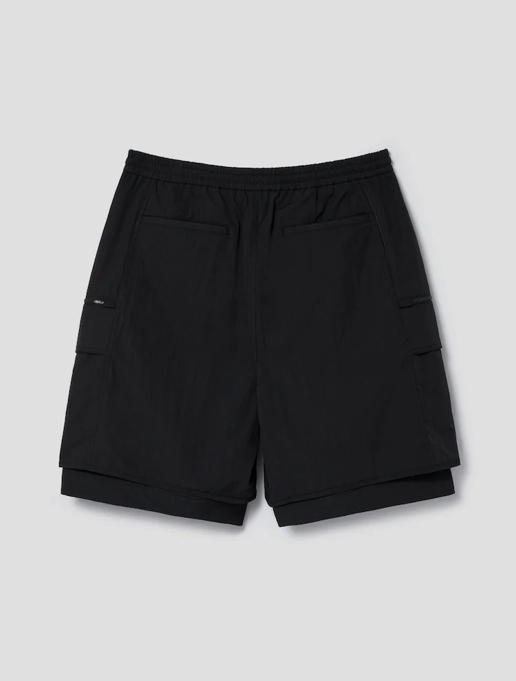 Nylon Layered Detail Long Short Pants - Black